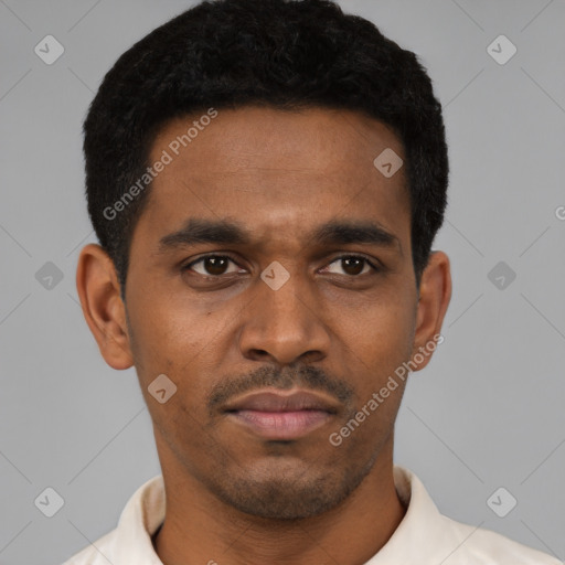 Neutral latino young-adult male with short  black hair and brown eyes