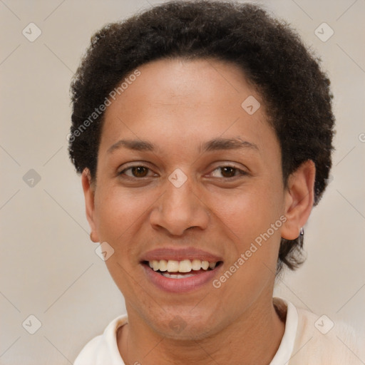 Joyful latino young-adult female with short  brown hair and brown eyes