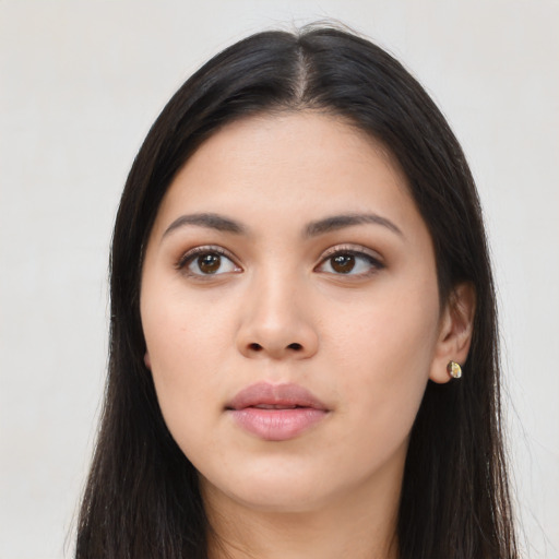 Neutral asian young-adult female with long  black hair and brown eyes
