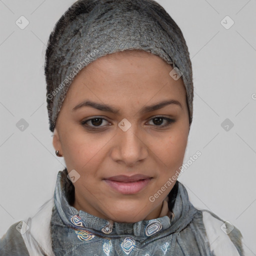 Joyful latino young-adult female with short  brown hair and brown eyes