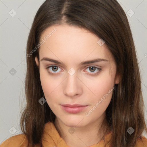 Neutral white young-adult female with long  brown hair and brown eyes