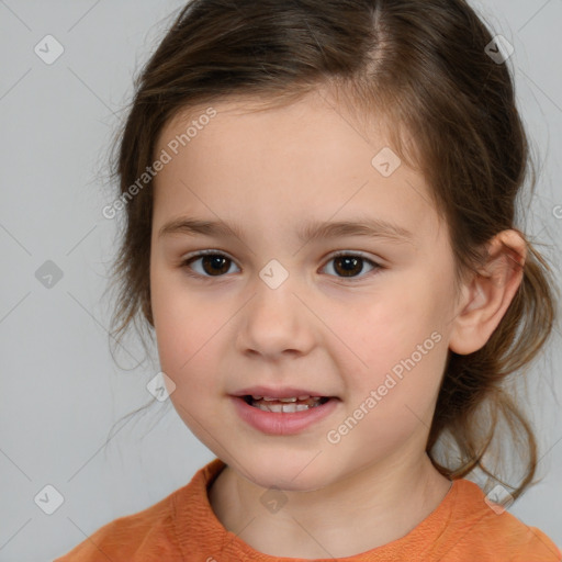 Joyful white child female with medium  brown hair and brown eyes