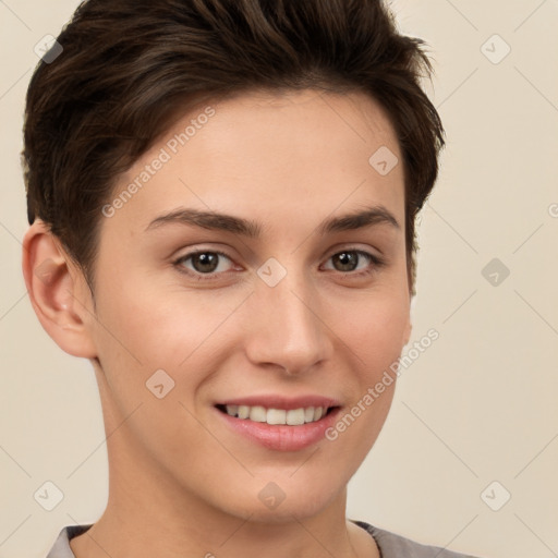 Joyful white young-adult female with short  brown hair and brown eyes