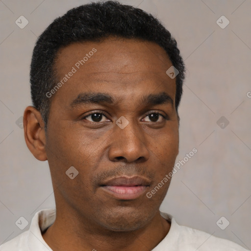 Neutral black young-adult male with short  black hair and brown eyes