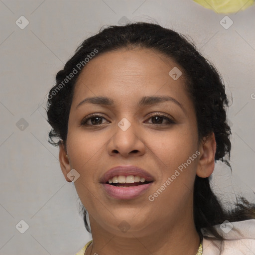 Joyful white young-adult female with medium  black hair and brown eyes