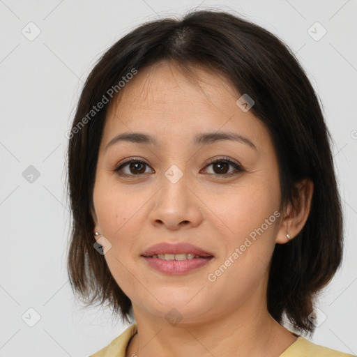 Joyful white young-adult female with medium  brown hair and brown eyes