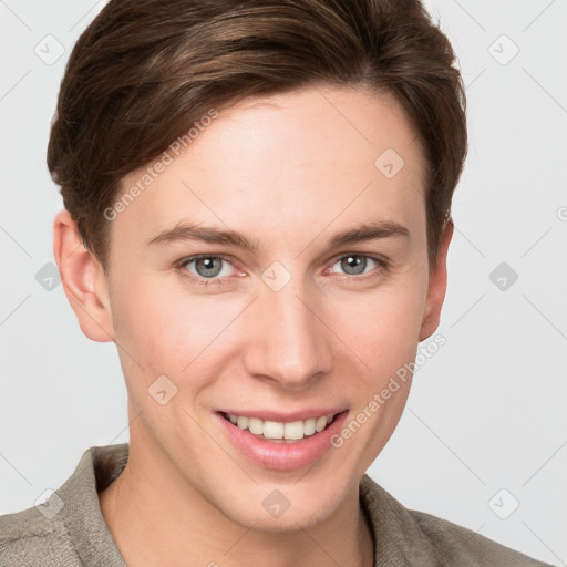 Joyful white young-adult female with short  brown hair and grey eyes