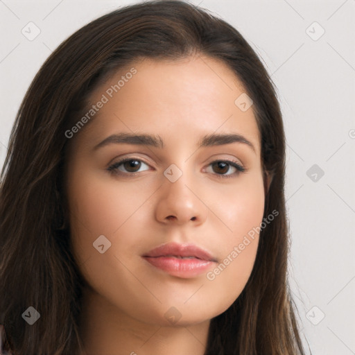 Neutral asian young-adult female with long  brown hair and brown eyes