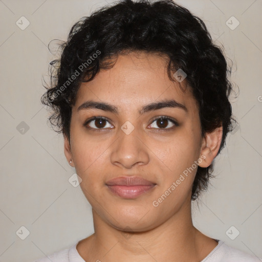 Joyful latino young-adult female with medium  black hair and brown eyes