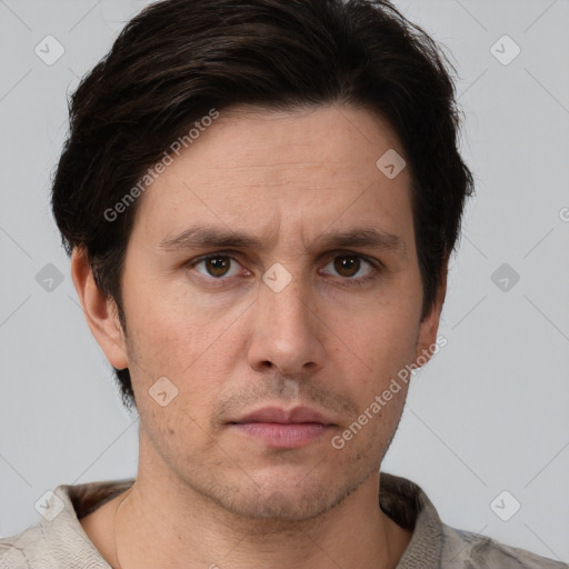 Neutral white adult male with short  brown hair and brown eyes