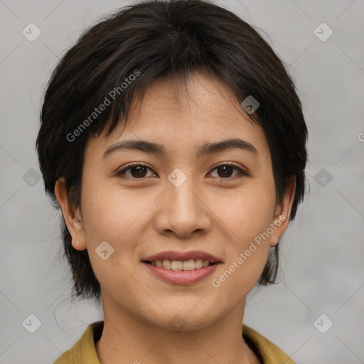Joyful asian young-adult female with medium  brown hair and brown eyes