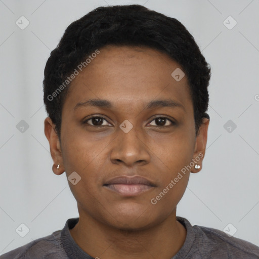Neutral black young-adult female with short  black hair and brown eyes