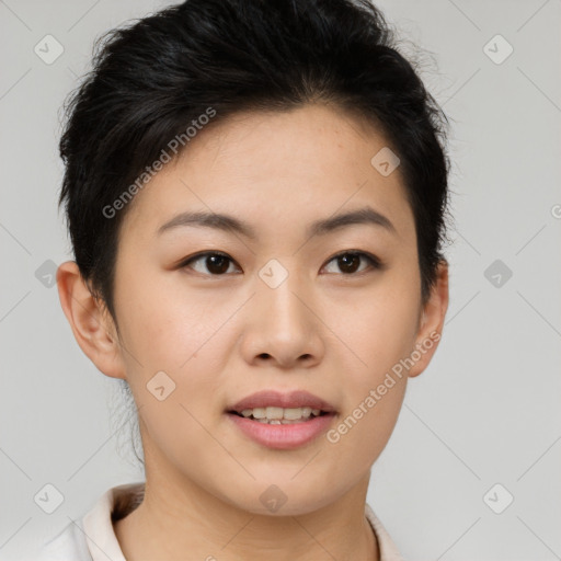 Joyful asian young-adult female with short  brown hair and brown eyes