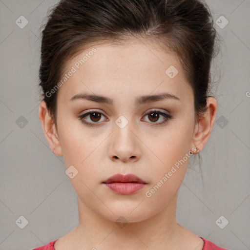 Neutral white young-adult female with short  brown hair and brown eyes