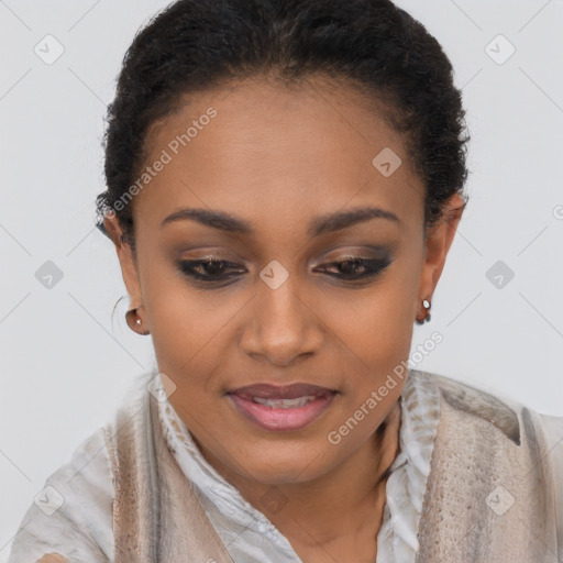 Joyful latino young-adult female with short  brown hair and brown eyes