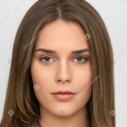 Neutral white young-adult female with long  brown hair and brown eyes