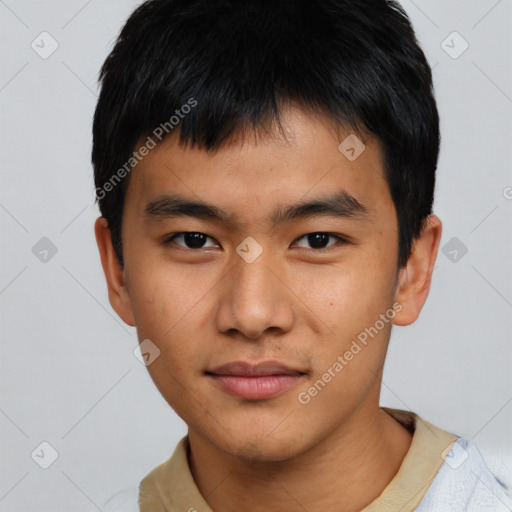 Neutral asian young-adult male with short  black hair and brown eyes