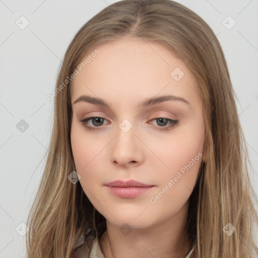 Neutral white young-adult female with long  brown hair and brown eyes