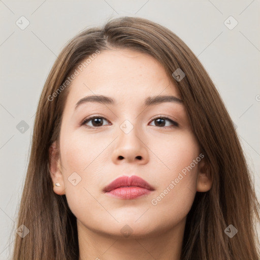 Neutral white young-adult female with long  brown hair and brown eyes