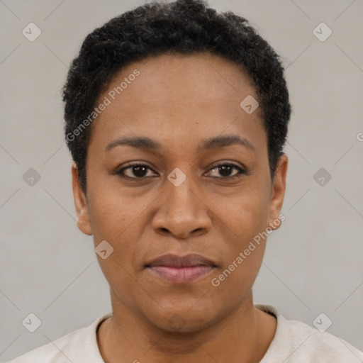 Joyful black young-adult female with short  black hair and brown eyes