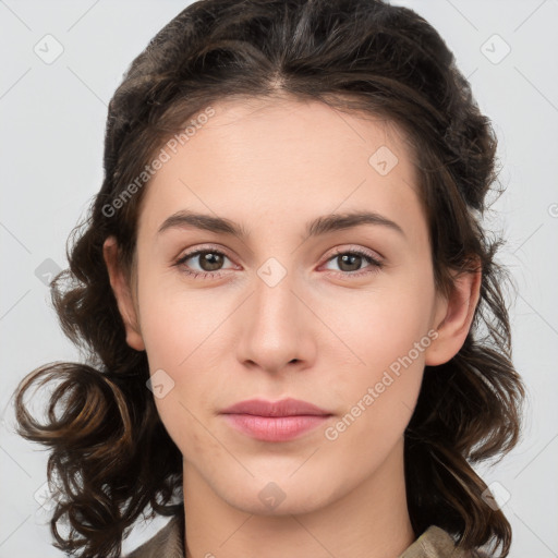 Neutral white young-adult female with medium  brown hair and brown eyes