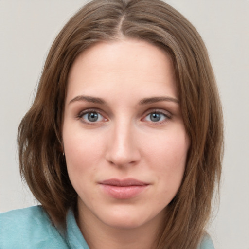 Neutral white young-adult female with medium  brown hair and grey eyes