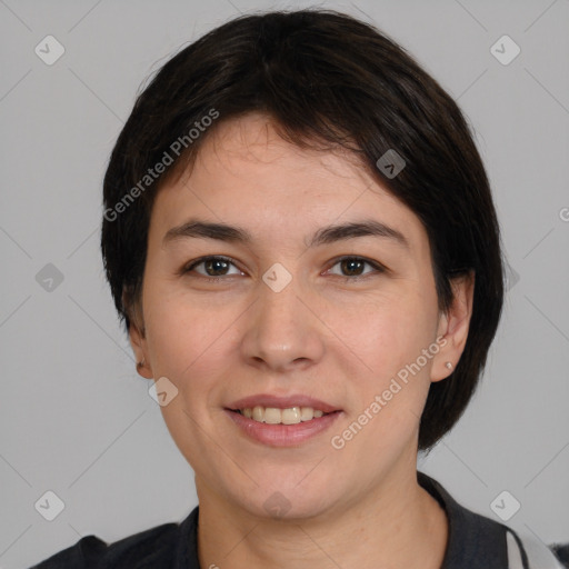 Joyful white young-adult female with medium  brown hair and brown eyes