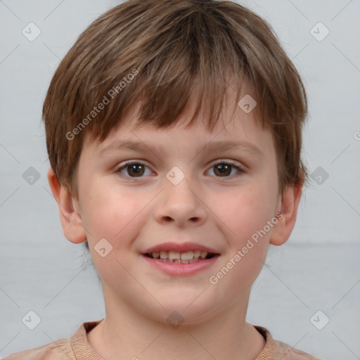 Joyful white child female with short  brown hair and brown eyes