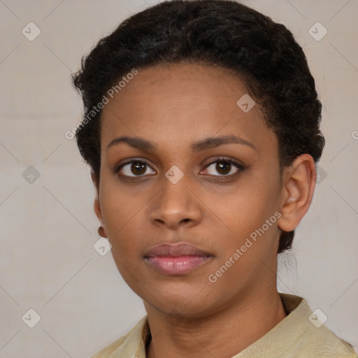 Neutral black young-adult female with short  brown hair and brown eyes