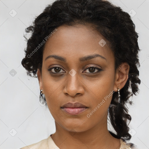 Neutral black young-adult female with long  brown hair and brown eyes