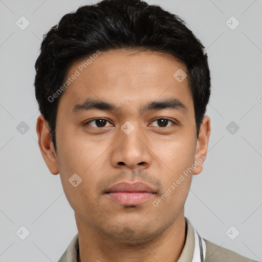 Neutral asian young-adult male with short  black hair and brown eyes