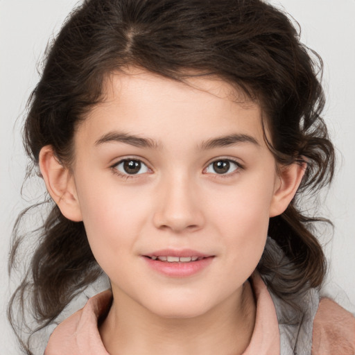 Joyful white child female with medium  brown hair and brown eyes