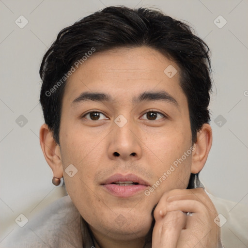 Neutral asian young-adult male with short  brown hair and brown eyes