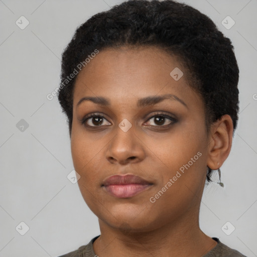 Neutral black young-adult female with short  black hair and brown eyes