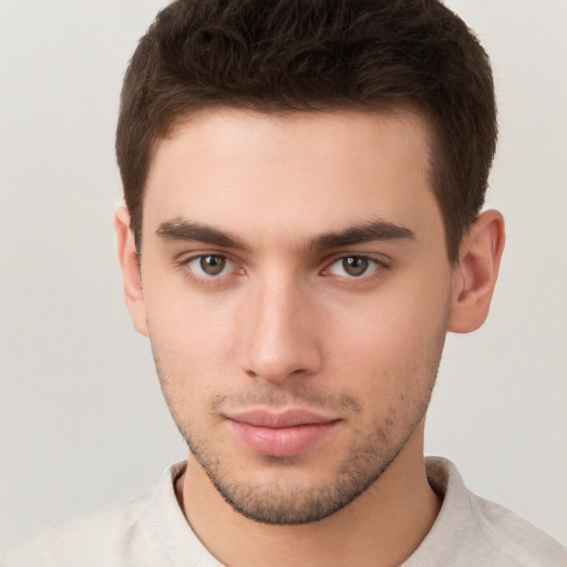 Neutral white young-adult male with short  brown hair and brown eyes