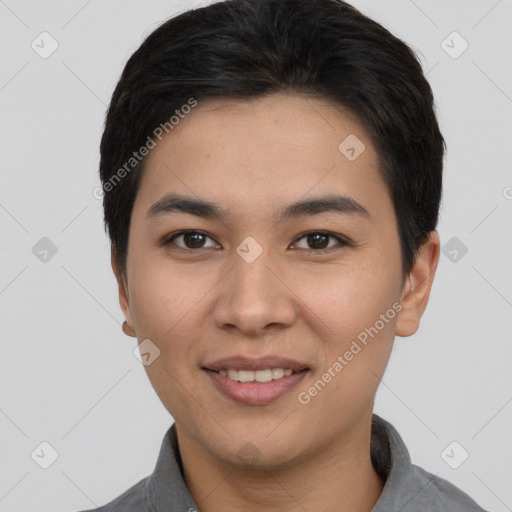 Joyful asian young-adult female with short  black hair and brown eyes