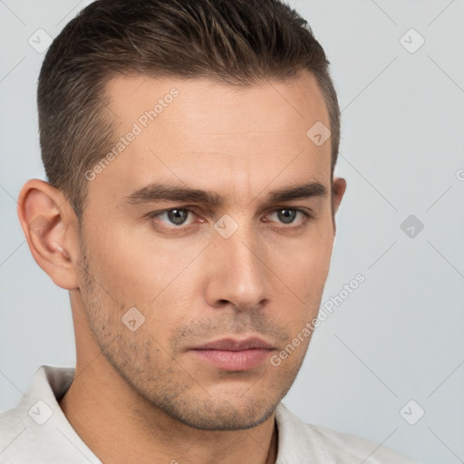 Neutral white young-adult male with short  brown hair and brown eyes