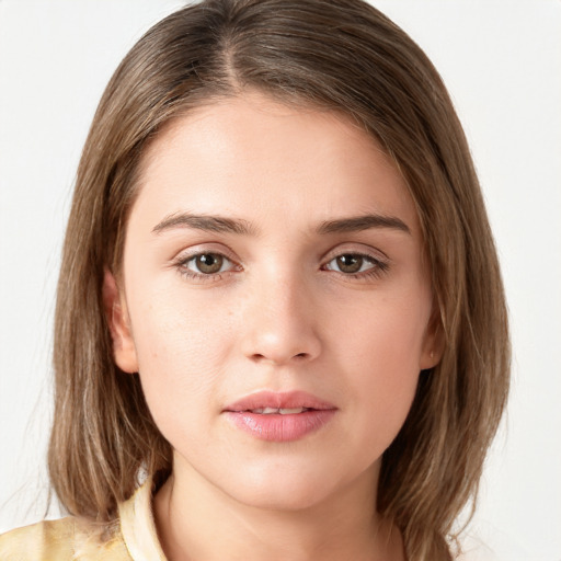 Neutral white young-adult female with medium  brown hair and brown eyes