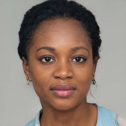 Neutral black young-adult female with short  black hair and brown eyes