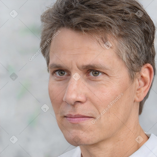 Neutral white middle-aged male with short  brown hair and brown eyes