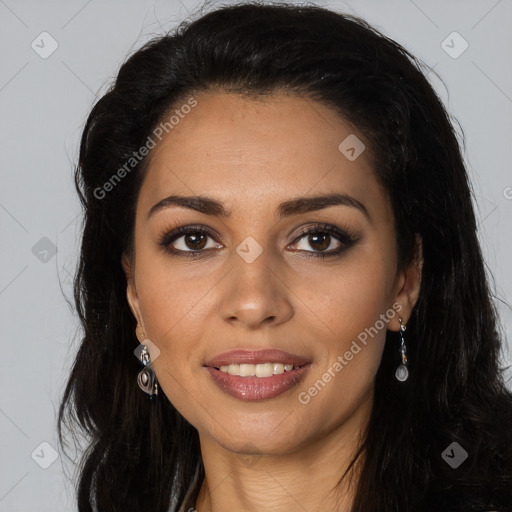 Joyful latino young-adult female with long  brown hair and brown eyes