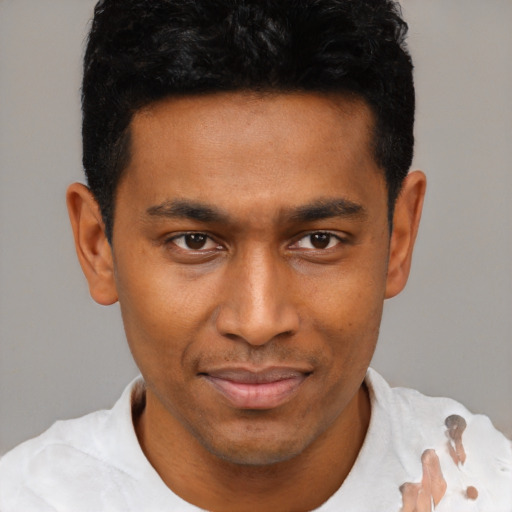Joyful latino young-adult male with short  brown hair and brown eyes