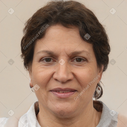 Joyful white adult female with short  brown hair and brown eyes