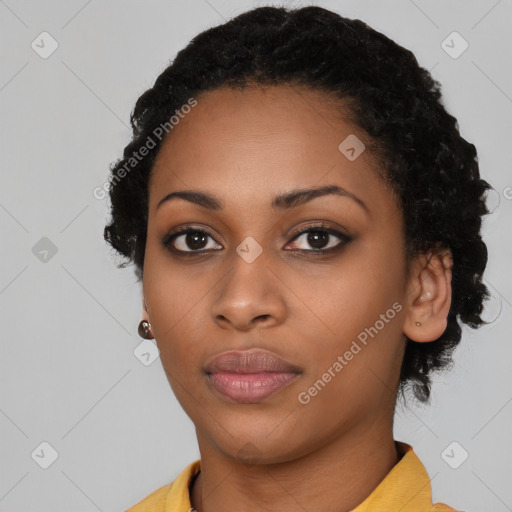 Neutral black young-adult female with short  black hair and brown eyes