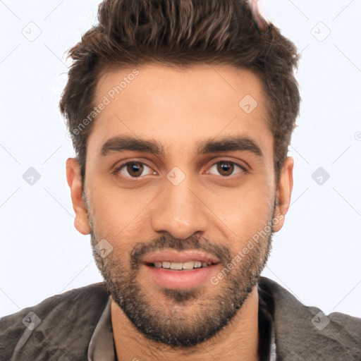 Joyful white young-adult male with short  black hair and brown eyes