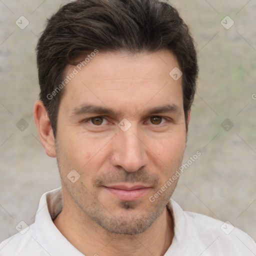 Neutral white adult male with short  brown hair and brown eyes