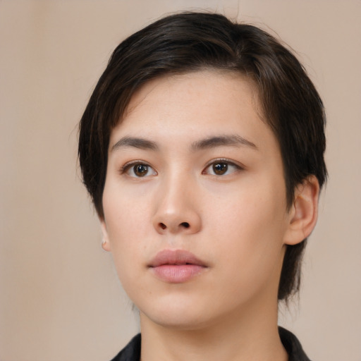 Neutral asian young-adult female with medium  brown hair and brown eyes