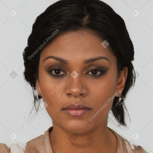 Neutral black young-adult female with medium  brown hair and brown eyes