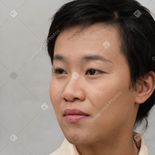 Neutral asian young-adult female with short  black hair and brown eyes