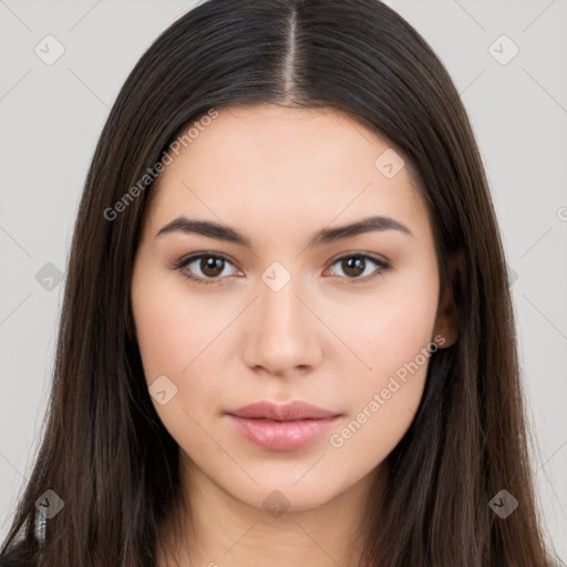 Neutral white young-adult female with long  brown hair and brown eyes